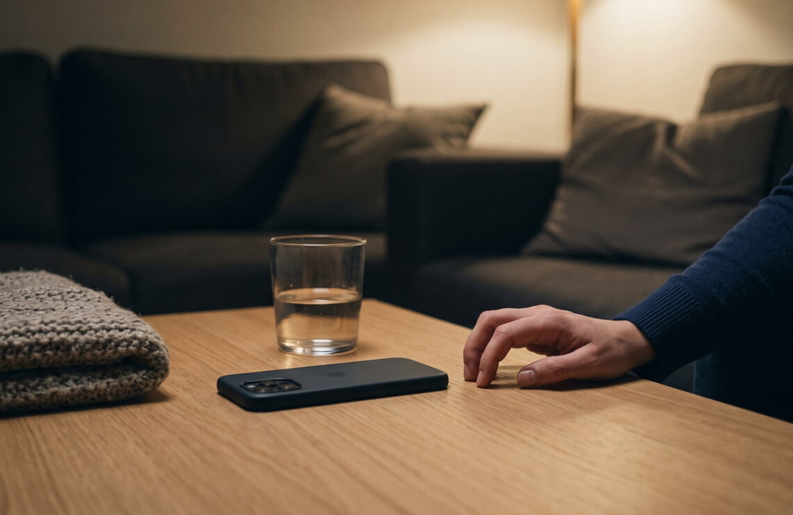 Mão de mulher pousada junto a um telemóvel virado para baixo numa mesa de sala, à noite